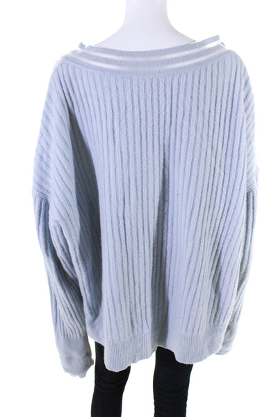 Bonnie Young Womens Light Blue Ribbed V-Neck Pullover Sweater Top Size L