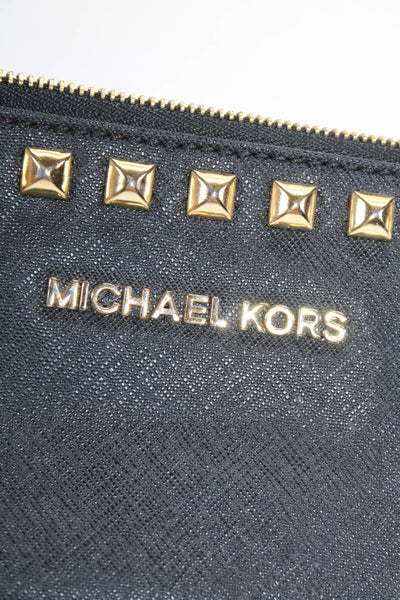 Michael Kors Womens Black Gold Tone Stud Zip Wristlet Wallet