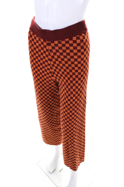 Daydreamer LA Womens High Rise Straight Leg Check Knit Pants Orange Red Large