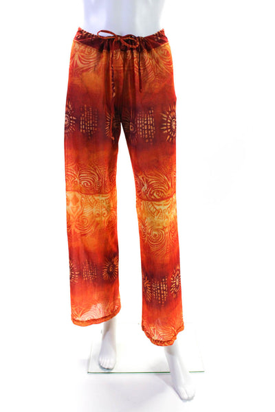 Sauvage Womens Drawstring Mid Rise Abstract Mesh Flare Pants Orange Size Large