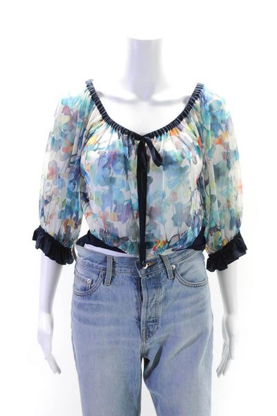 Shan Womens Half Sleeve Scoop Neck Floral Mesh Top White Blue Size 8