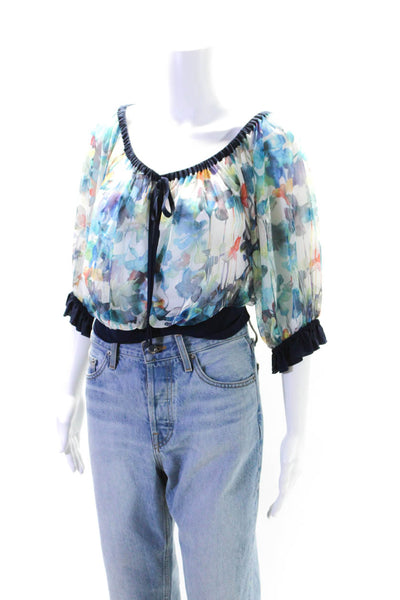 Shan Womens Half Sleeve Scoop Neck Floral Mesh Top White Blue Size 8