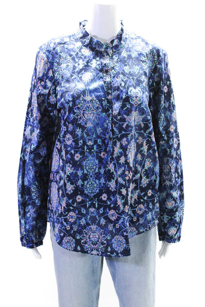 Rebecca Taylor Womens Long Sleeve V Neck Floral Shirt Navy Pink Cotton Size 12