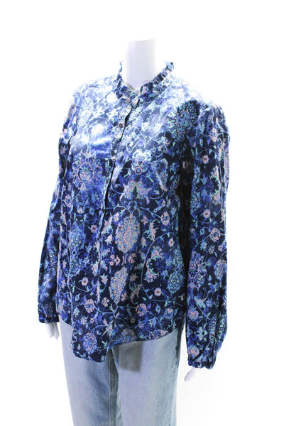 Rebecca Taylor Womens Long Sleeve V Neck Floral Shirt Navy Pink Cotton Size 12