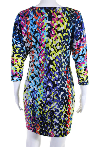 Trina Turk Womens 3/4 Sleeve V Neck Abstract Knit Dress White Multi Size 0