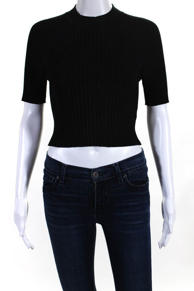 Everlane Womens Black Ribbed Crew Neck Short Sleeve Crop Blouse Top Size L