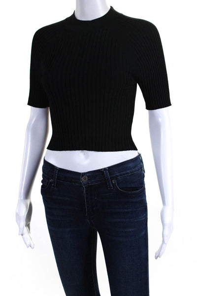 Everlane Womens Black Ribbed Crew Neck Short Sleeve Crop Blouse Top Size L