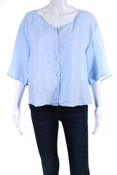 Cynthia Rowley Womens Light Blue Linen Scoop Neck Button Down Shirt Size L