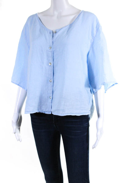 Cynthia Rowley Womens Light Blue Linen Scoop Neck Button Down Shirt Size L