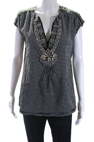 Nanette Lepore Womens Check Print Sleeveless V Neck Blouse Black White Size 6