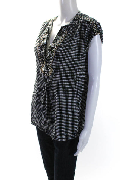 Nanette Lepore Womens Check Print Sleeveless V Neck Blouse Black White Size 6