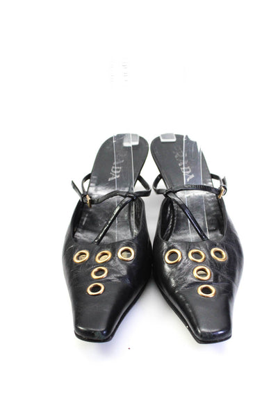 Prada Womens Black Leather Grommet Pointed Toe Strappy Mules Shoes Size 9.5