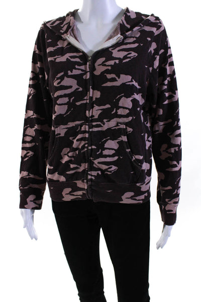 Monrow Womens Knit Camouflage Printed Zip Up Hoodie Sweatshirt Maroon Size S