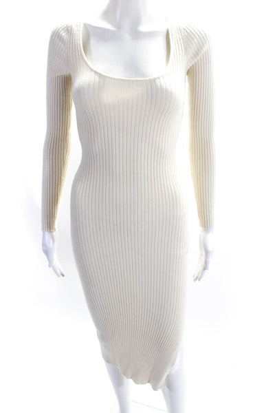 L Academie Womens Long Sleeve Scoop Neck Ribbed Dress White Size Small