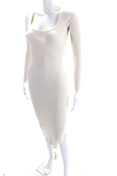 L Academie Womens Long Sleeve Scoop Neck Ribbed Dress White Size Small