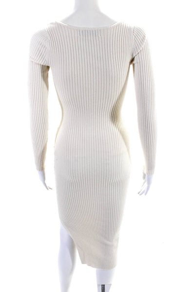 L Academie Womens Long Sleeve Scoop Neck Ribbed Dress White Size Small