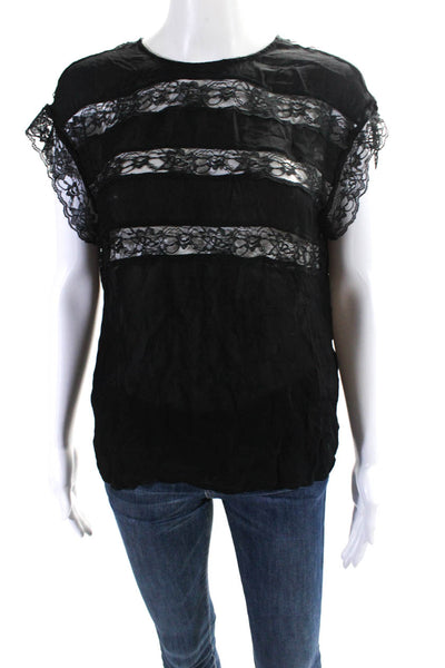 Reformation Womens Short Sleeve Button Back Lace Striped Top Black Size Small