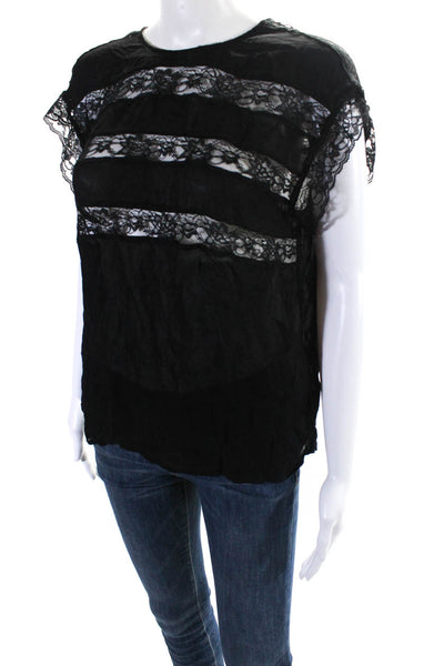 Reformation Womens Short Sleeve Button Back Lace Striped Top Black Size Small