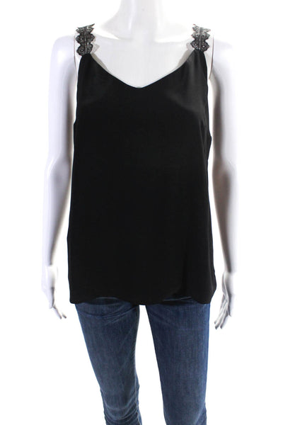 Tahari Womens Lace Textured Strapped Round Neck Tank Top Blouse Black Size M