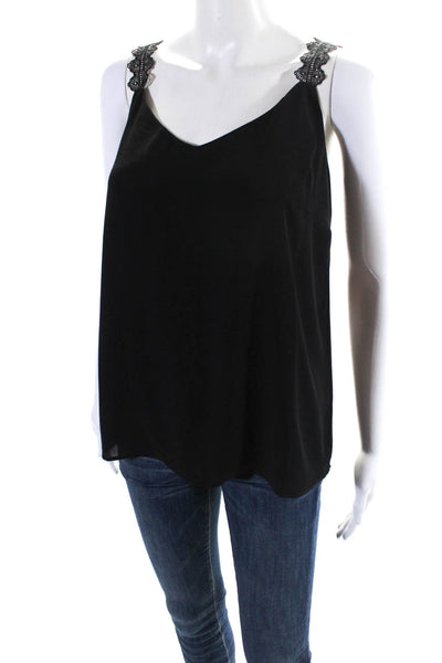 Tahari Womens Lace Textured Strapped Round Neck Tank Top Blouse Black Size M