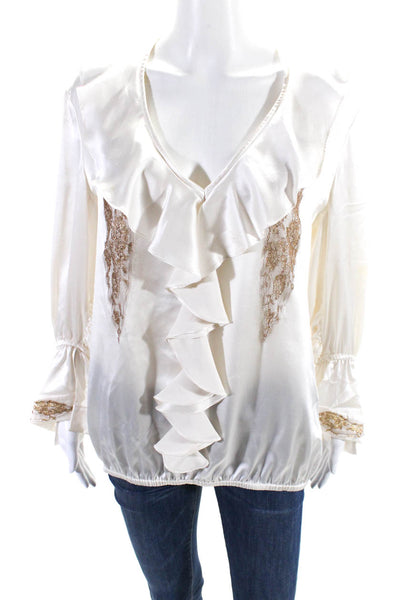 Vanita Rosa Womens White Gold Lace Ruffle V-Neck Long Sleeve Blouse Top Size S