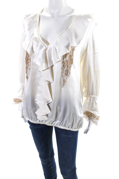 Vanita Rosa Womens White Gold Lace Ruffle V-Neck Long Sleeve Blouse Top Size S