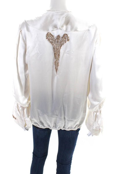 Vanita Rosa Womens White Gold Lace Ruffle V-Neck Long Sleeve Blouse Top Size S