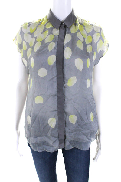 Jason Wu Womens Button Front Collared Petal Printed Silk Top Gray Yellow Size 4