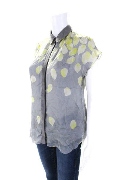 Jason Wu Womens Button Front Collared Petal Printed Silk Top Gray Yellow Size 4