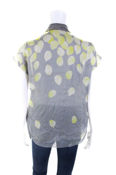 Jason Wu Womens Button Front Collared Petal Printed Silk Top Gray Yellow Size 4