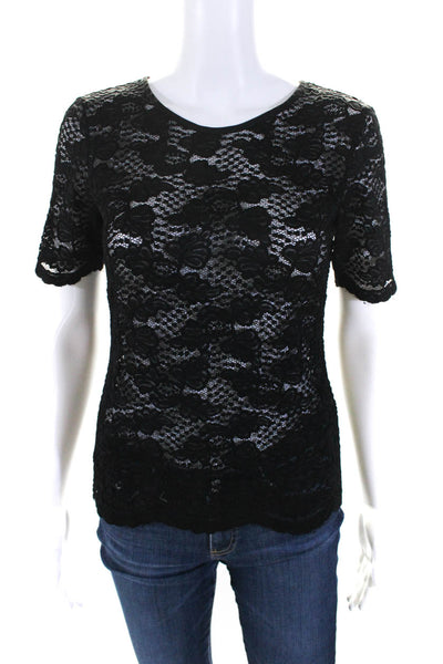 Yoana Baraschi Womens Short Sleeve Scoop Neck Lace Shirt Black Size Small