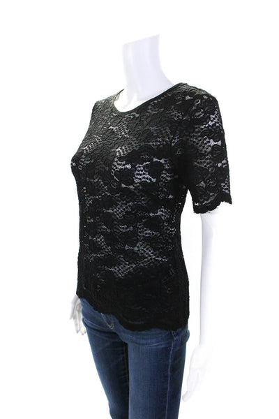 Yoana Baraschi Womens Short Sleeve Scoop Neck Lace Shirt Black Size Small