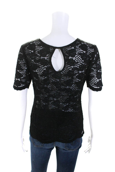 Yoana Baraschi Womens Short Sleeve Scoop Neck Lace Shirt Black Size Small