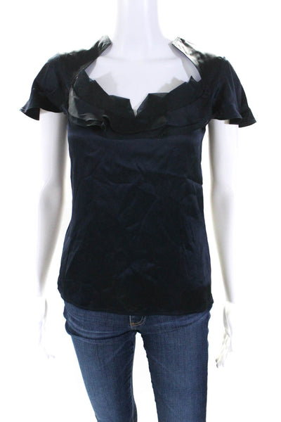 Zac Posen Womens Short Sleeve V Neck Ruffled Silk Top Navy Blue Size 6