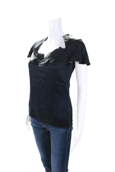 Zac Posen Womens Short Sleeve V Neck Ruffled Silk Top Navy Blue Size 6