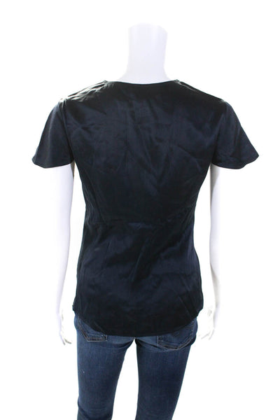 Zac Posen Womens Short Sleeve V Neck Ruffled Silk Top Navy Blue Size 6