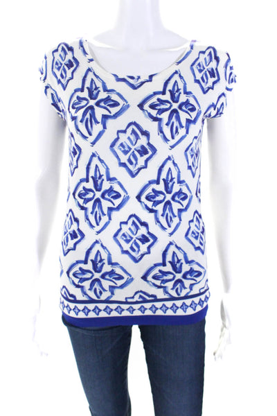 Luisa Spagnoli Womens Sleeveless Scoop Neck Abstract Knit Top White Blue Small