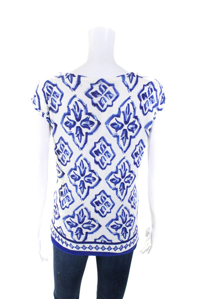 Luisa Spagnoli Womens Sleeveless Scoop Neck Abstract Knit Top White Blue Small