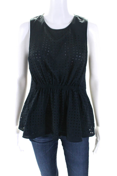 Tibi Womens Sleeveless Crew Neck Laser Cut Peplum Top Blouse Navy Size 2