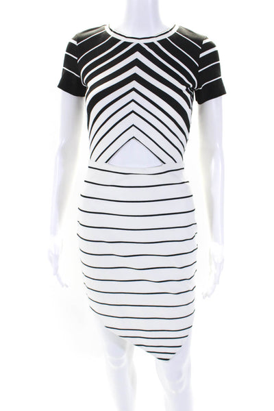 Bec & Bridge Womens White Black Striped Peep Short Sleeve Shift Dress Size 4