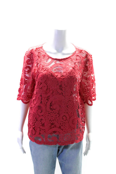 Nanette Lepore Womens Lined Short Sleeve Lace Blouse Pink Size L