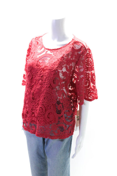 Nanette Lepore Womens Lined Short Sleeve Lace Blouse Pink Size L