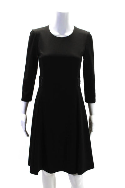 DKNY Womens Long Sleeve Faux Leather Trim Pleated Sheath Dress Black Size 4