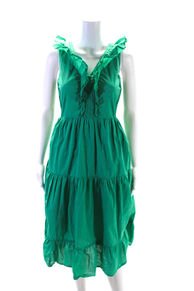 J Crew Womens Cotton V Neck Smocked Ruffle Trim Maxi Dress Green Size 0