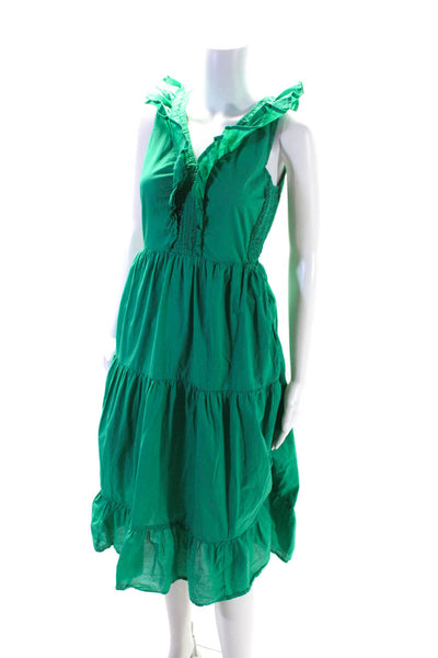 J Crew Womens Cotton V Neck Smocked Ruffle Trim Maxi Dress Green Size 0