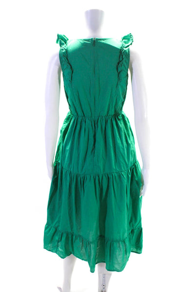 J Crew Womens Cotton V Neck Smocked Ruffle Trim Maxi Dress Green Size 0