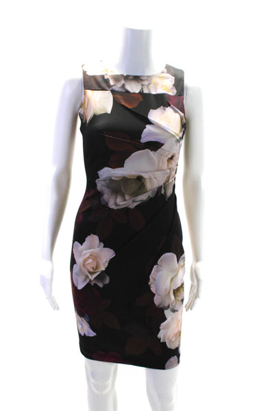 Calvin Klein Womens Sleeveless Floral Print Pleated Sheath Dress Black Size 0P