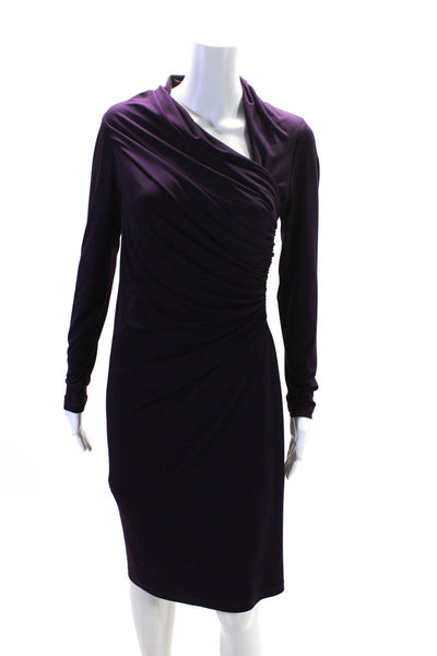 David Meister Women Long Sleeve Asymmetric Neckline Gathered Dress Purple Size 6