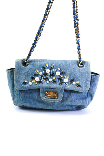Blugirl Womens Jeweled Pearled Chained Strap Snap Buttoned Shoulder Handbag Blue