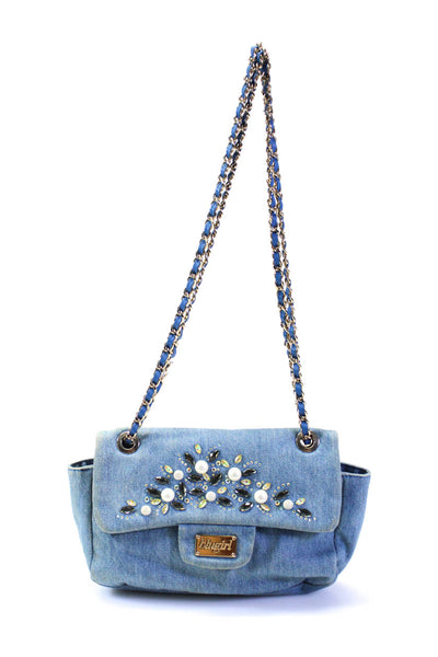 Blugirl Womens Jeweled Pearled Chained Strap Snap Buttoned Shoulder Handbag Blue